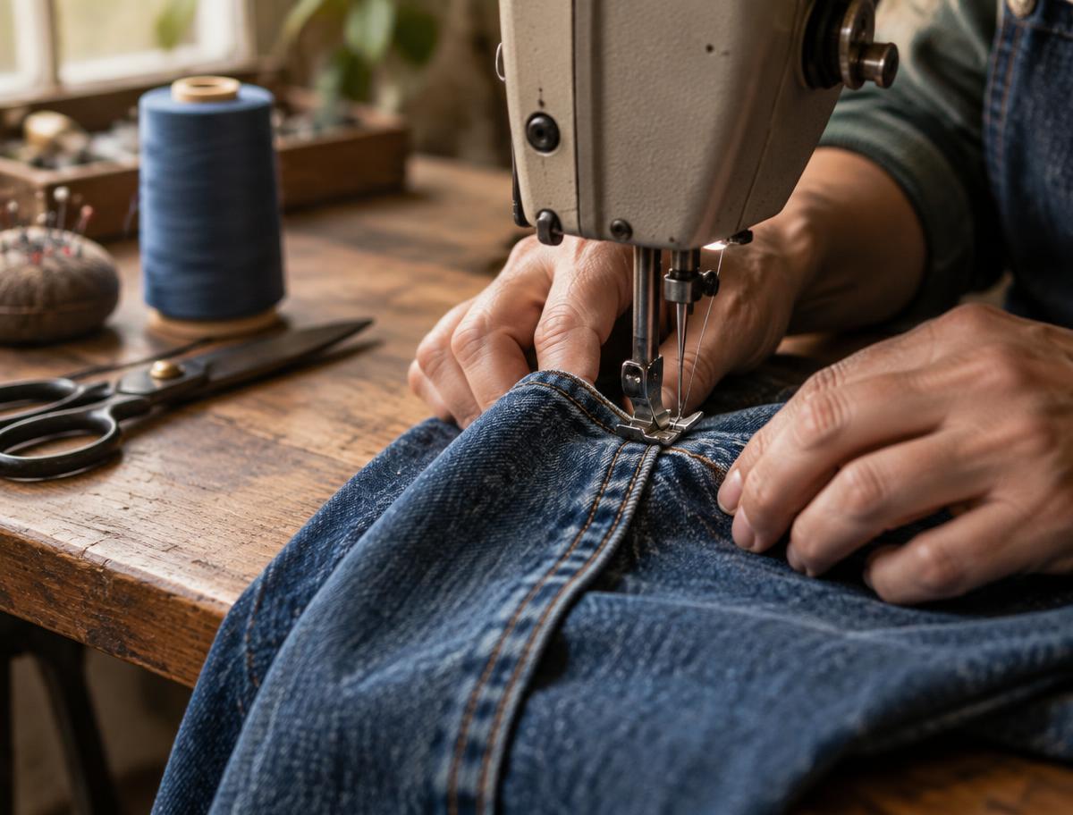 Les mains d’un artisan retouchant un jean sous l’aiguille d’une machine à coudre